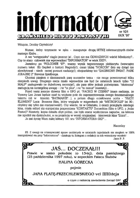 Okładka: Informator GKF, #101 wrzesień – październik 1997