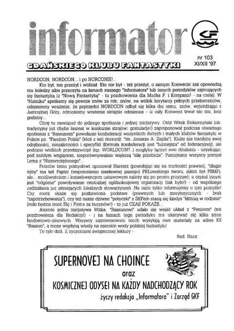 Okładka: Informator GKF, #103 listopad – grudzień 1997