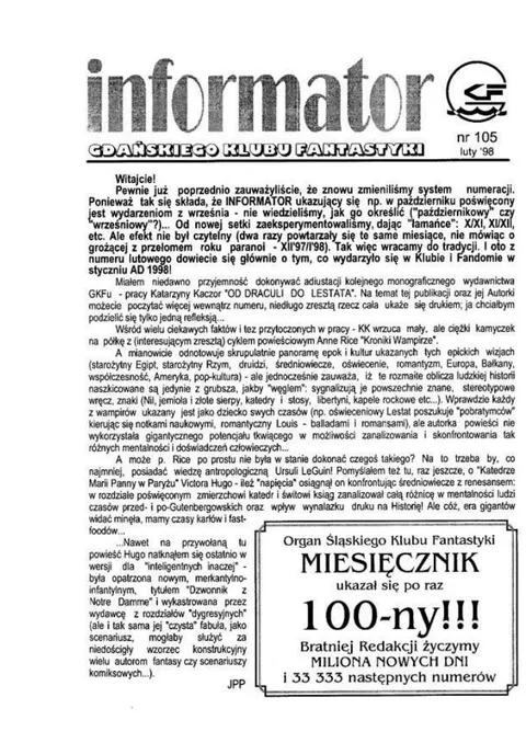 Okładka: Informator GKF, #105 luty 1998