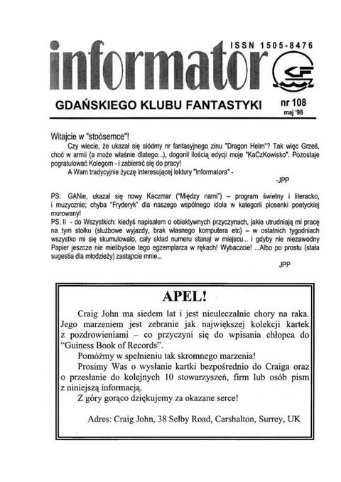 Okładka: Informator GKF, #108 maj 1998