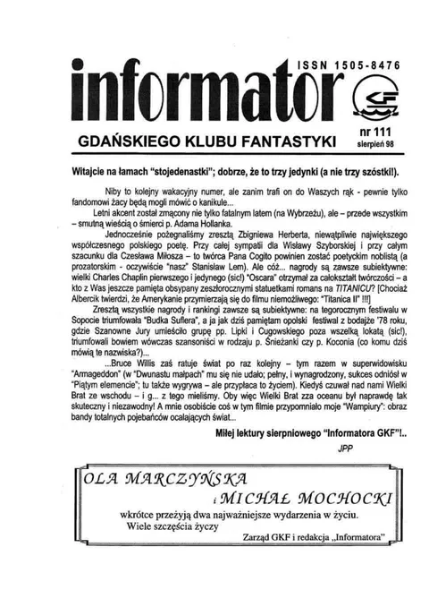 Okładka: Informator GKF, #111 sierpień 1998