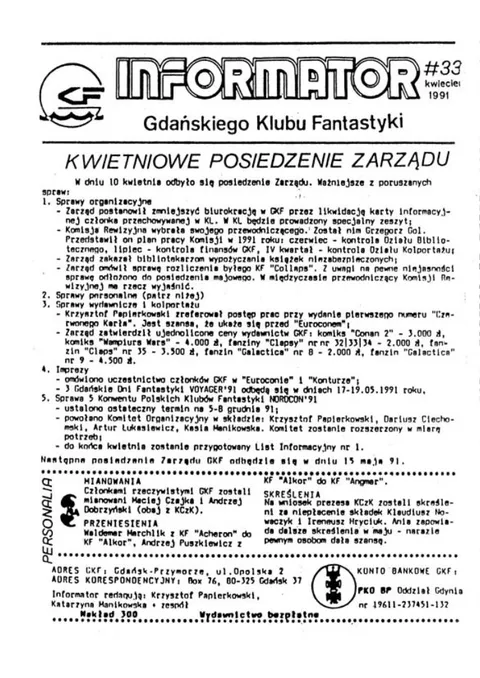 Okładka: Informator GKF, #33 kwiecień 1991