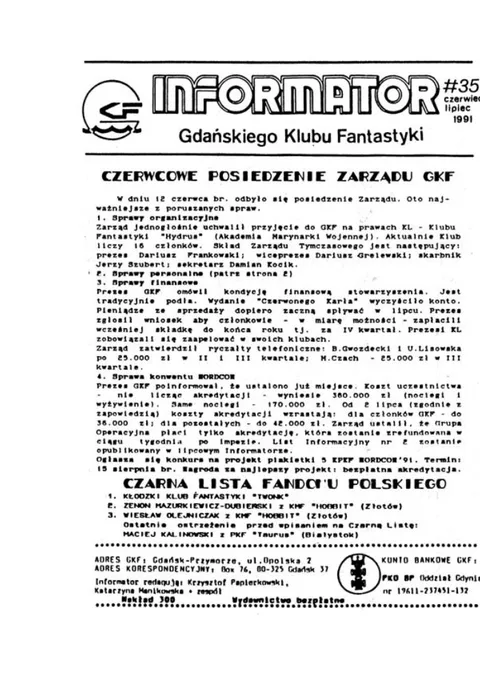 Okładka: Informator GKF, #35 czerwiec – lipiec 1991