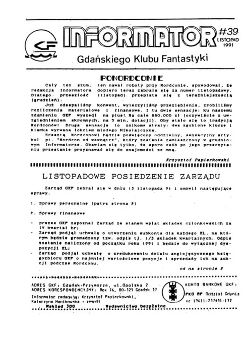Okładka: Informator GKF, #39 listopad 1991