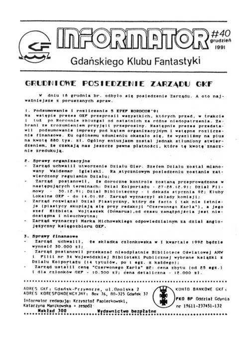 Okładka: Informator GKF, #40 grudzień 1991
