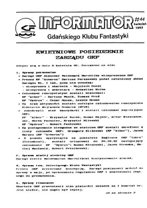 Okładka: Informator GKF, #44 kwiecień 1992
