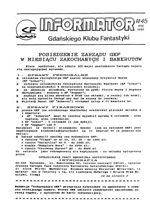 Okładka: Informator GKF, #45 maj 1992