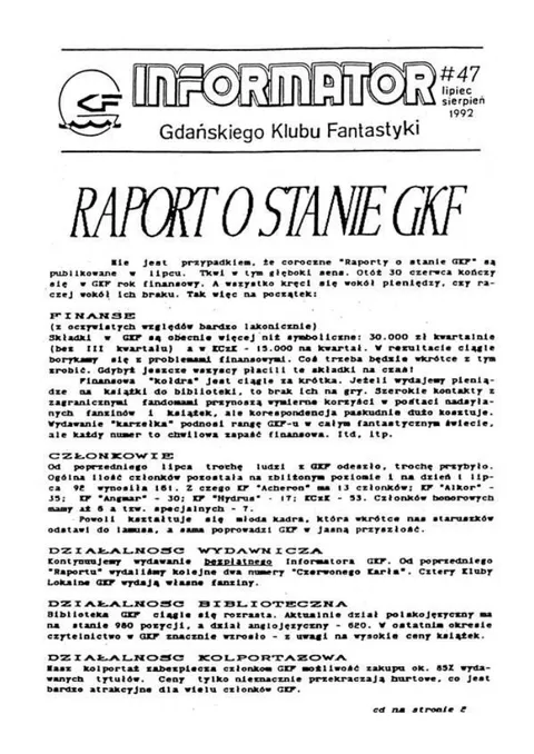 Okładka: Informator GKF, #47 lipiec – sierpień 1992