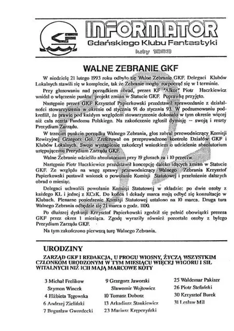 Okładka: Informator GKF, #52 luty 1993
