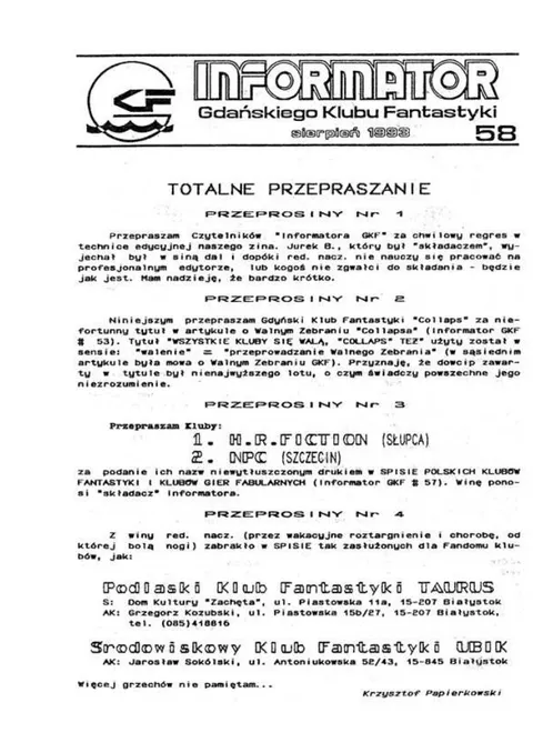 Okładka: Informator GKF, #58 sierpień 1993