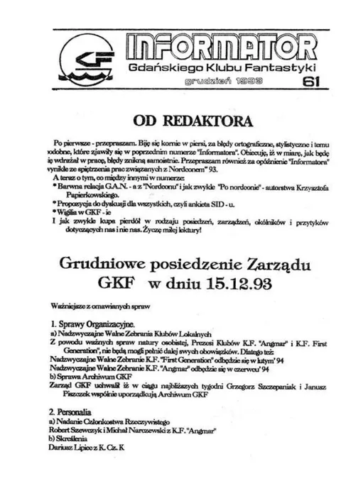 Okładka: Informator GKF, #61 grudzień 1993