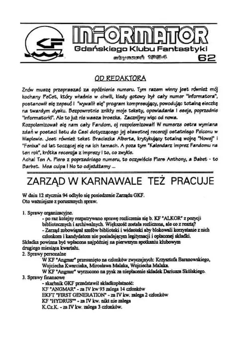 Okładka: Informator GKF, #62 styczeń 1994