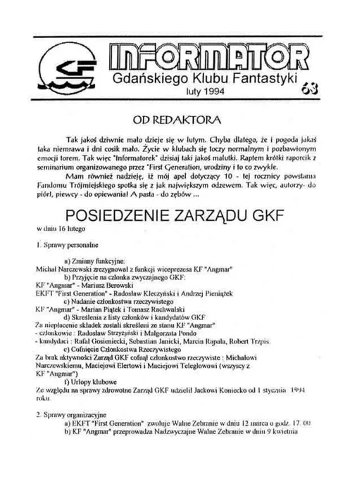 Okładka: Informator GKF, #63 luty 1994