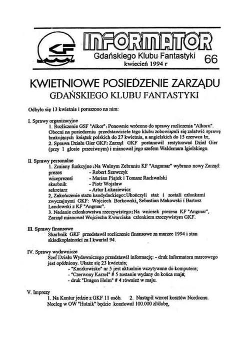 Okładka: Informator GKF, #66 kwiecień 1994