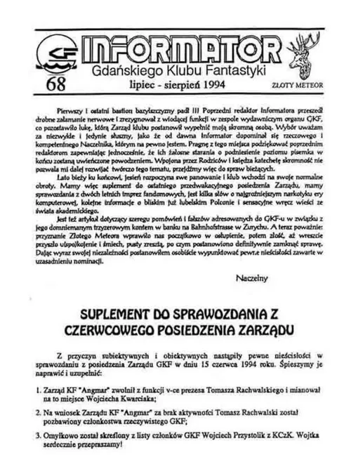 Okładka: Informator GKF, #68 lipiec – sierpień 1994