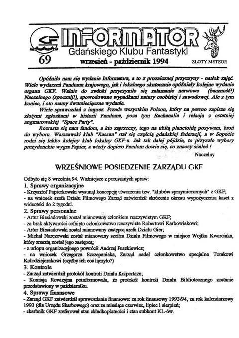 Okładka: Informator GKF, #69 wrzesień – październik 1994