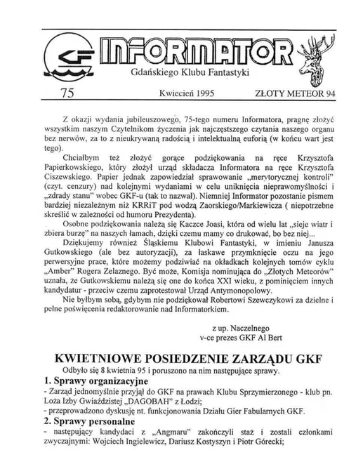 Okładka: Informator GKF, #75 kwiecień 1995