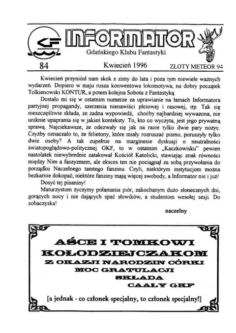 Okładka: Informator GKF, #84 kwiecień 1996