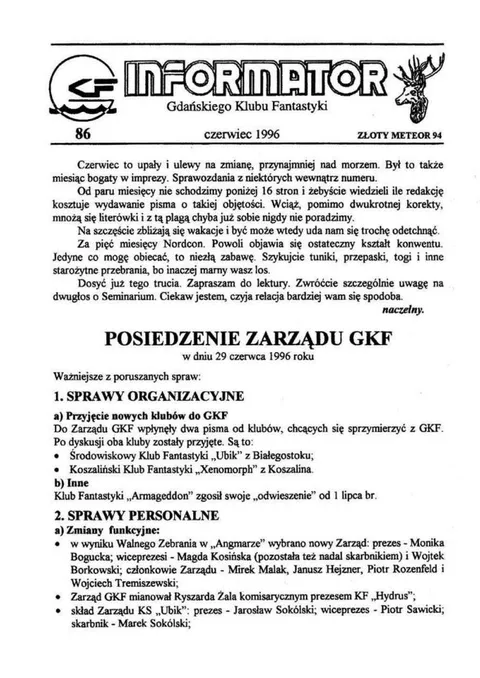 Okładka: Informator GKF, #86 czerwiec 1996