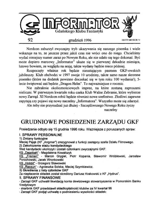 Okładka: Informator GKF, #92 grudzień 1996