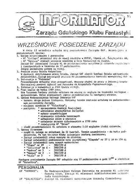 Okładka: Informator Zarządu GKF, #16 wrzesień 1989