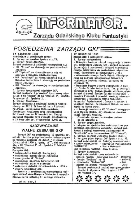 Okładka: Informator Zarządu GKF, #18 listopad – grudzień 1989