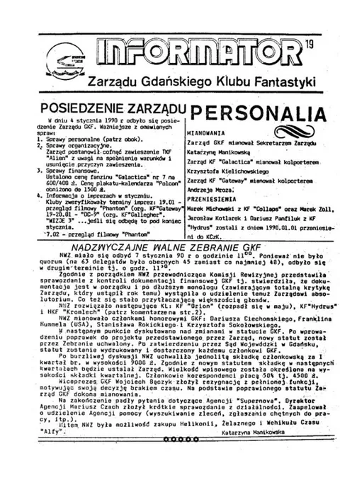 Okładka: Informator Zarządu GKF, #19 styczeń 1990