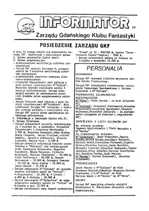 Okładka: Informator Zarządu GKF, #20 luty 1990