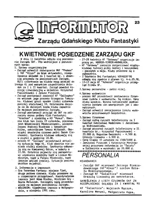 Okładka: Informator Zarządu GKF, #23 kwiecień 1990