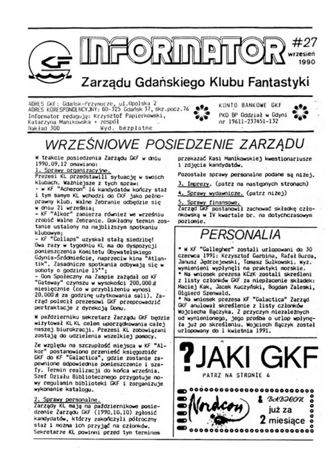 Okładka: Informator Zarządu GKF, #27 wrzesień 1990