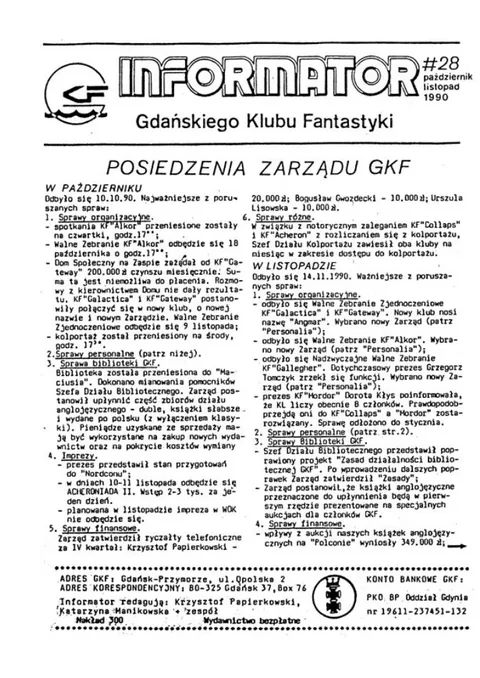 Okładka: Informator Zarządu GKF, #28 październik – listopad 1990