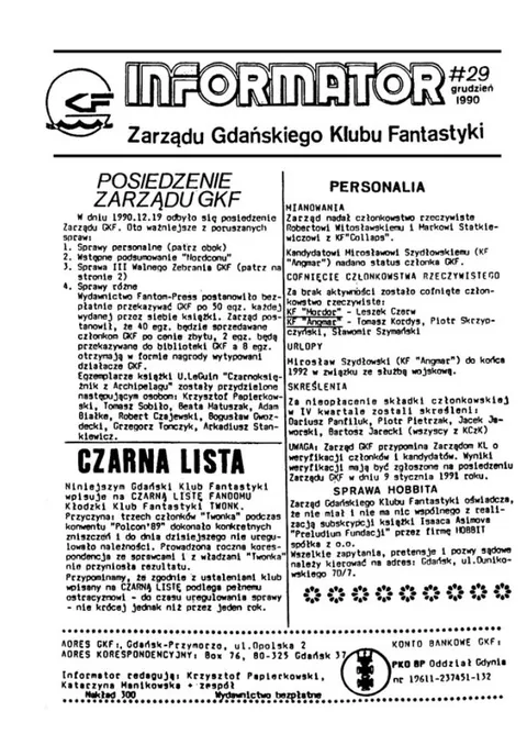 Okładka: Informator Zarządu GKF, #29 grudzień 1990